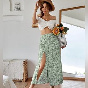 Floral Green Skirt Side Slit Maxi Skirt Cover Up Resort Wear Vacation Beach
